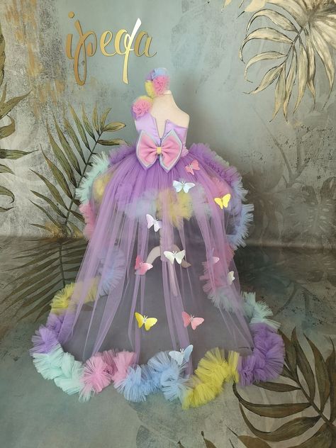 Butterfly Birthday Dress, Toddler Prom Dresses, Unicorn Dresses, Birthday Frocks, Dress Lehenga, Butterfly Rainbow, Dress Butterfly, Kids Party Wear