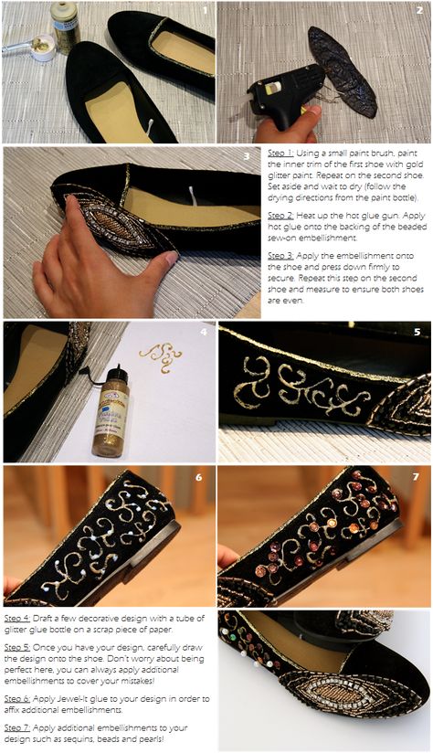 Shoes Makeover, Shoe Accessories Diy, Gold Glitter Paint, Loafers Slippers, Shoe Hacks, Shoe Refashion, Jewels Diy, Shoe Makeover, Diy Slippers