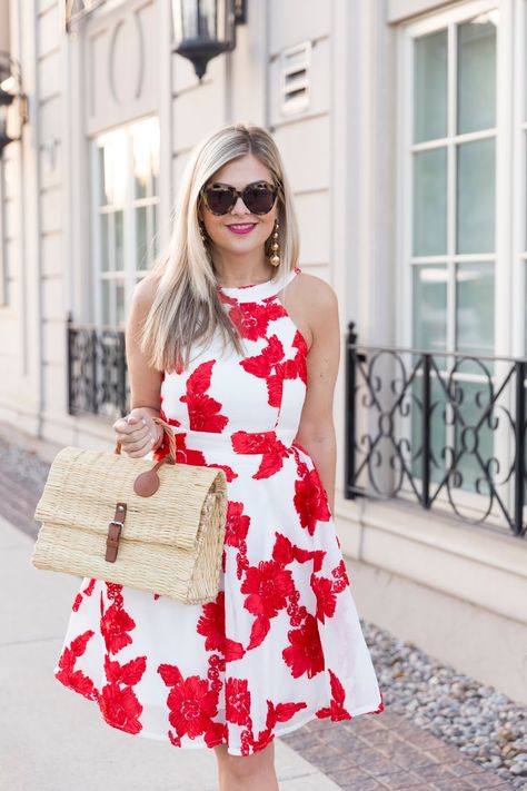 Floral Dress Aesthetic, Red White Floral Dress, Krystin Lee, Casual Date Night Outfit, Graduation College, Walker Bag, Red And White Dress, Fashion Top Outfits, Graduation Dresses