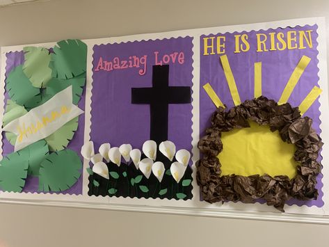 Christian Easter Bulletin Board Ideas, Easter Church Bulletin Boards, Christian Bulletin Board Ideas, Easter Bulletin Board, Religious Bulletin Boards, Bible Bulletin Boards, Easter Bulletin Boards, Palm Sunday Crafts, Christian Bulletin Boards