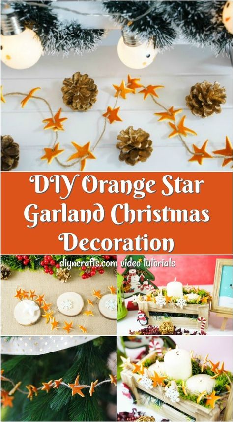 Country Chic Orange Peel Star Garland Winter Decor - This orange peel star garland is a great use for those leftover orange peels from breakfast! Grab a few oranges and get creative with Christmas garland! This is a perfect Christmas tree decoration! #christmasdecor #christmasdecoration #homemadedecor #christmasgarland Orange Peel Garland Diy, Dried Orange Peel Decorations, Orange Peel Star Garland, Orange Peel Decoration, Orange Peel Garland, Orange Garlands, Solstice Decor, Star Garland Christmas, Christmas Homes