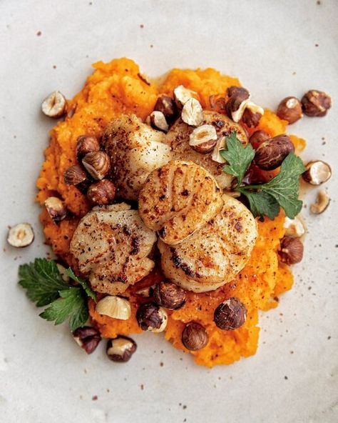 Scallops Sweet Potato Puree, Scallops And Sweet Potato, Scallop And Sweet Potato Recipes, Fish With Sweet Potato, Scallops And Potatoes, Scallop Sweet Potato Recipes, Fish And Sweet Potato Recipes, Sweet Potato Puree Recipes, Healthy Scallops