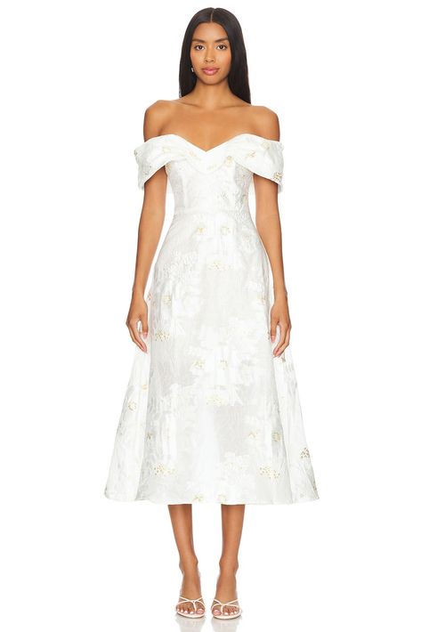 ELLIATT Octavia Midi Dress in Ivory & Gold | REVOLVE Tea Length White Dress, Midi Formal Dresses, White Tea Length Dress, Classic Fits, Rehearsal Dinner Dress, Rehearsal Dinner Outfits, Wedding Wardrobe, Rehearsal Dinner Dresses, Midi Dress Formal