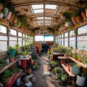 convert repurpose and refurbish the interior of old maltese buses into school plant greenhouse - Image Creator from Microsoft Bing School Bus Greenhouse, School Greenhouse, Elementry School, Plant Greenhouse, Farm Ideas, Bus Conversion, Garden Greenhouse, Garden Images, Greenhouses