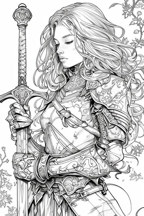 Dungeons And Dragons Coloring Pages, Warrior Woman Drawing, Fantasy Colouring Pages, Drawing Basics Learning, Education Drawing, Drawing Basics, Learning Art, Warrior Drawing, Adult Coloring Books Printables