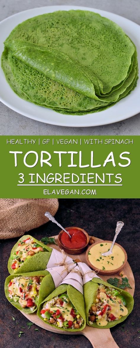 You can whip up these 5-ingredient (and that includes water and salt) spinach tortillas in practically minutes. No dough-making, rolling, or shaping; simply blend and pour your way to delicious and nutritious spinach wraps. Plus, this recipe is gluten-free, dairy-free, grain free, vegan, and more. #spinachtortillas #spinachwraps #glutenfreetortillas #elasrecipes | elavegan.com Spinach Tortillas, Vegan Tortilla, Spinach Tortilla, Spinach Wraps, Gluten Free Wraps, Gluten Free Tortillas, Vegan Wraps, Tortilla Recipe, Think Food