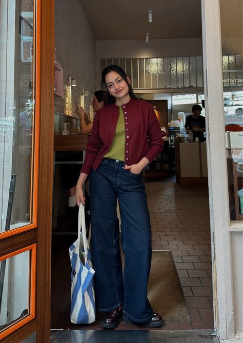 Topshop knitted compact fitted … curated on LTK Burgundy Cardigan Outfit, Burgundy Cardigan, Cardigan Outfit, Cardigan Outfits, Dark Blue Jeans, Bank Holiday, Knit Outfit, Wide Leg Jeans, Fashion Inspo Outfits