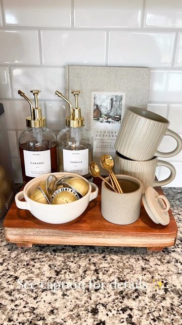 Coffee Bar Set Up In Kitchen, Kitchen Counter Decor Coffee Station, Coffee Bar Spoon Holder, Coffee Corner Minimalist, Coffee Station Styling Ideas, Espresso Corner Coffee Stations, Simple Coffee Station On Counter, How To Style A Coffee Bar, Coffee Corner Styling