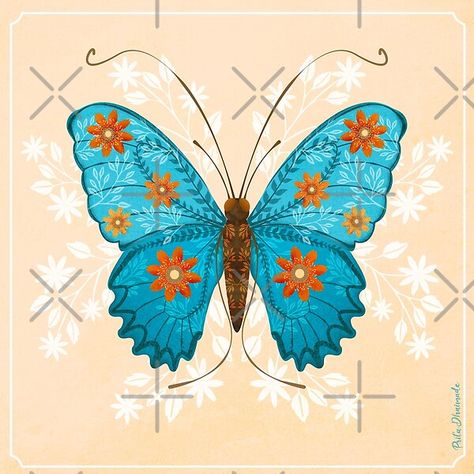 Folk art butterfly by Prita-D | Redbubble Mexican Terrace, Folk Art Butterfly, Swedish Folk Art, Butterfly Artwork, Cottage Market, White Whale, Art Butterfly, Fairytale Illustration, Scandinavian Folk Art