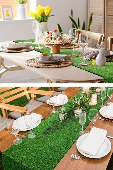 Original Easter decor, Easter d3oration, fun Easter decor, spring table, spring decor Grass Table Runner Decor Easter, Neutral Easter Decor, Neutral Easter, Fun Easter Decorations, Easter Table Runner, Football Diy, Green Table Runner, Easter Table Runners, Faux Grass