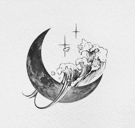 Moon And Wave Tattoo Designs, Star And Ocean Tattoo, Moon And Ocean Drawing, Shaded Wave Tattoo, Moon And Ocean Tattoo Designs, Sky Related Tattoos, Moon And Tide Tattoo, Celestial Ocean Tattoo, Ocean Sky Tattoo