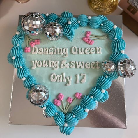 young & sweet—only 17 💃🏻🩵🪩 #cakes #dancingqueen #vintage Young And Sweet Only 17 Party, 17 Cake Ideas, Young And Sweet Only 17 Cake, Dancing Queen Cake, Young And Sweet Only 17, 26 Birthday Cake, Queen Birthday Party, Queen Cake, Disco Cake