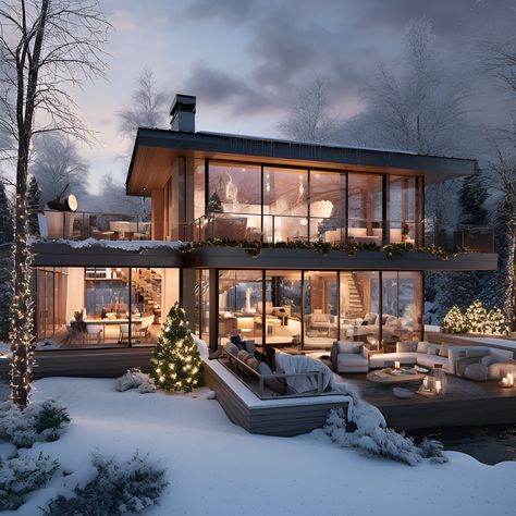 Modern cottage home with light glowing in the snow in the style of festive atmosphere ✨ ... ... ... #Snow #ModernHome #CottageHome #Christmas #ChristmasAtmosphere #HolidayStyle #ModernInterior #MountainView #Light #WinterTime #TimeForHoliday #Wood #ChristmasInterior Snow Cottage Aesthetic, Snow House Aesthetic, Fancy Cabin, Houses In Snow, Winter Home Exterior, Acotar Scenes, Aesthetic House Exterior, Gothic Fireplace, Winter Homes