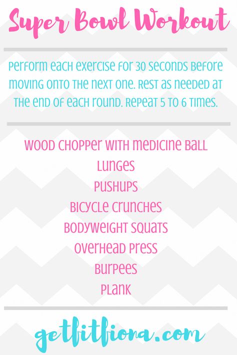 Today I’m sharing a Super Bowl themed workout inspired by the big game this weekend. The biggest football game all year will take place on Sunday. While I’m not much of a football fan, I’ll probably end up watching the Super Bowl Workout, Circuit Workouts, Yoga Articles, Sunday Workout, Workout Diet Plan, Bicycle Crunches, Hiit Workouts, Overhead Press, Circuit Workout