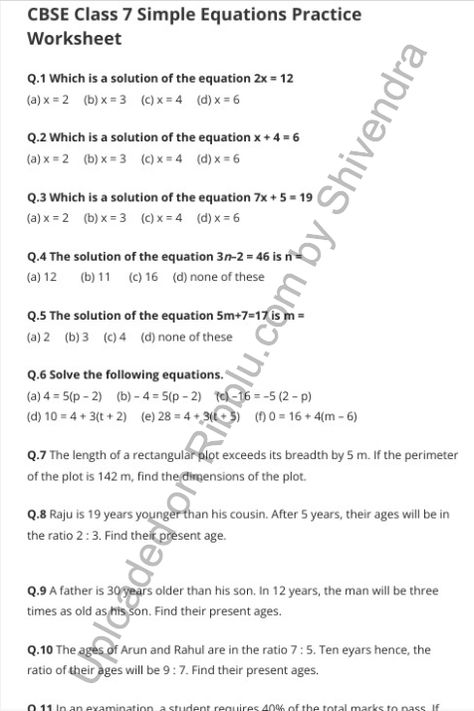 Download free pdf of Chapter 4 Simple Equations Worksheets for Class 7 Maths. Students can easily get all the Class 7 Maths… The post Simple Equations Worksheets for Class 7 Maths – Chapter 4 appeared first on CBSE Papers and Worksheets in PDF For free. Simple Equations, Class 4 Maths, Equations Worksheets, Class 6 Maths, Maths Worksheets, Algebraic Expressions, Revision Notes, Gcse Math, Math Questions