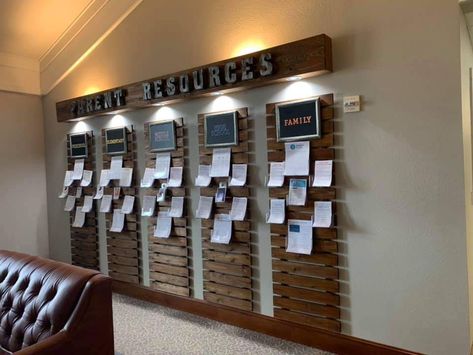 Resource Wall Ideas, Lobby Wall Design, Volunteer Wall, Info Wall, Preschool Ministry, Serve Board, Church Welcome Center, Church Bulletins, Church Lobby