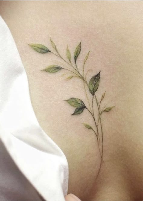 Leaves On Leg Tattoo, Mint Leaves Tattoo, Green Tattoo Ideas, Shoulder Leaf Tattoo, Green Leaf Tattoo, Dark Green Tattoo, Basil Tattoo, Greenery Tattoo, Emerald Tattoo