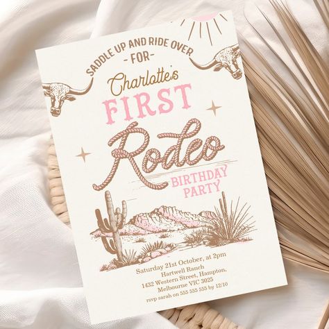 $1.98 | Pink Vintage Desert First Rodeo 1st Birthday  Invitation #zgroupon #wild west themed #western first birthday party #girls first rodeo invitation #vintage #pink cowgirl wild west #western 1st birthday #my first rodeo birthday invitation #pink wild west #wild west desert My First Rodeo Birthday Girl, First Rodeo Birthday Party Girl, Cowgirl First Birthday Party, Rodeo 1st Birthday, Rodeo Birthday Invitations, Brown Invitation, Rodeo Birthday Party, First Rodeo Birthday, 1st Rodeo