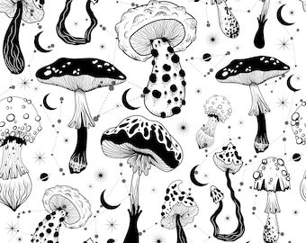 Black And White Mushroom Art, Black And White Mushroom Wallpaper, Mushroom Print Pattern, Mushroom Black And White, Mushroom Mural, Gothic Mushroom, Wallpaper Mushroom, Trippy Paintings, Painted Mushrooms