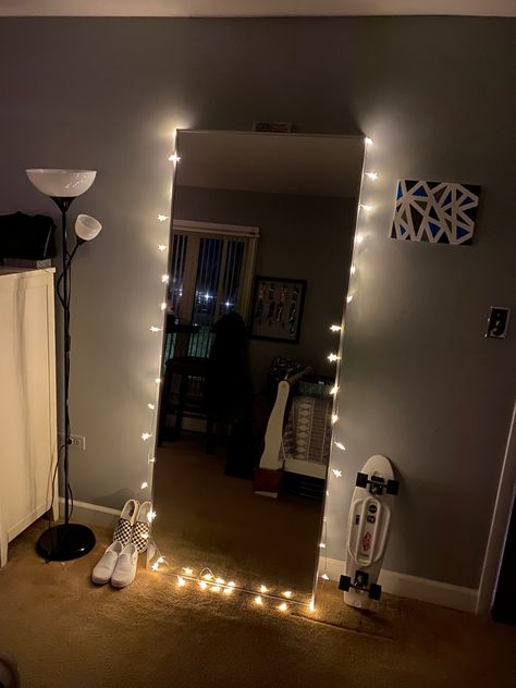 Fairy Light Mirror, Full Length Mirror With Fairy Lights, Full Body Mirror With Lights Leaning, Gold Mirror With Fairy Lights, Black Floor Mirror With Lights, Large Mirrior With Lights, Fairy Lights Room, Fairy Lights Bedroom, Teenage Room