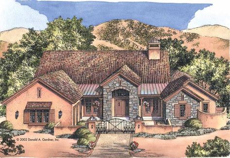 Southwest+House+Plan+with+3061+Square+Feet+and+3+Bedrooms+from+Dream+Home+Source+|+House+Plan+Code+DHSW41901 Mexican Ranch Style Homes, Southwestern House Plans, Southwest House Plans, Southwestern House, Castle Plans, Color House, Mexican Hacienda, Hacienda Style Homes, Arizona House