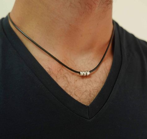 "Men's Necklace - Men's Silver Necklace - Men's Vegan Necklace - Men's Jewelry - Men's Gift - Boyfriend Necklace - Guys Jewelry  - Guys Gift Looking for a gift for your man? You've found the perfect item for this!  The simple and beautiful necklace features  black fabric chain set with 3 silver plated beads. Length: 18.9\" (48 cm). Need a different length just write it to me in the \"message to the seller\" box of the order form. Item will arrive in a pretty gift wrap, ready to give, with my bra Simple Black Choker, Guys Jewelry, Mens Choker Necklace, Men Choker, Mens Bracelet Set, Boyfriend Necklace, Mens Leather Necklace, Mens Chain Bracelet, Black Choker Necklace