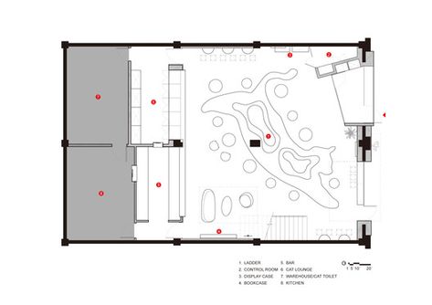 Gallery of Meow Restaurant / E Studio - 29 Cat Cafe Floor Plan, Cat Cafe Design, Cat Cafe Interior Design, Cafe Floor, Cafe Floor Plan, Cafe Plan, Pet Cafe, Pitched Ceiling, Dog Shelter