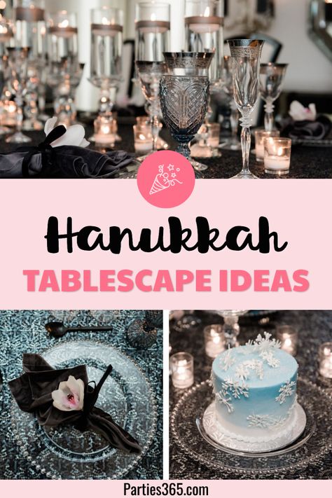 Gorgeous ideas for setting a beautiful Hanukkah dinner table. Inspired by the traditional Festival of Lights, this tablescape will inspire your table settings, table decor and party decorations. Hanukkah Tablescape, Hanukkah Table Setting, Hannukah Party, Hanukkah Ideas, Dinner Party Planning, Hanukkah Dinner, Hanukkah Party, Blue Icing, Chanukah Party