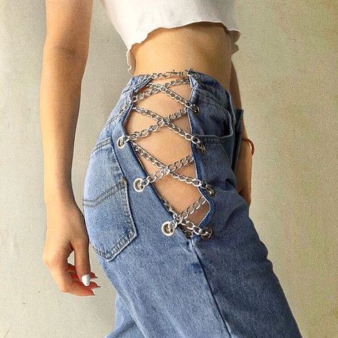 Side chain up jeans £38.99 Pants With Chains On The Side, Clothes With Chains, Chain Jeans Outfit, Jeans With Chains On The Side, Chain On Jeans, Chained Jeans, Drawing On Jeans, Rave Jeans, Jeans With Chains