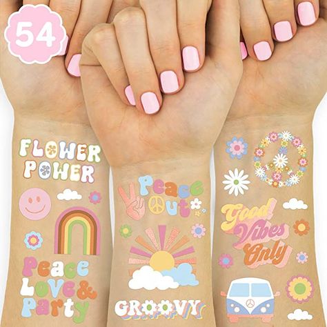 Amazon.com: xo, Fetti Groovy 70s Temporary Tattoos - 48 Glitter Styles | Flower Power Birthday Party Supplies, Good Vibes Only Favors, Smiley, Rainbow Arts and Crafts : Toys & Games Fairy Birthday Party Decorations, Bach Party Decorations, Flower Power Party, Hippie Birthday Party, Hippie Birthday, Party Tattoos, Hippie Party, Girls Party Favors, Bridesmaid Favors