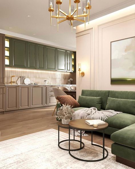 Beige And Dark Green Living Room, Living Room Green Accents, Chaise Sofa Living Room, Olive Living Rooms, Brand Catalogue, Dark Green Living Room, Modern Classic Home, Luxxu Modern Design Living, Green Living Room