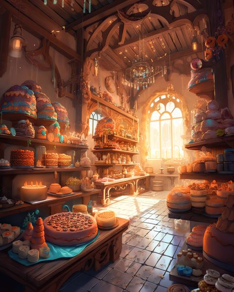 Bakery Shop Concept Art, Fairy Bakery Aesthetic, Bakery Fantasy Art, Fantasy Restaurant Concept Art, Fantasy Cafe Concept Art, Fantasy Bakery Concept Art, Fantasy Bakery Aesthetic, Fantasy Kitchen Concept Art, Fantasy Shop Art