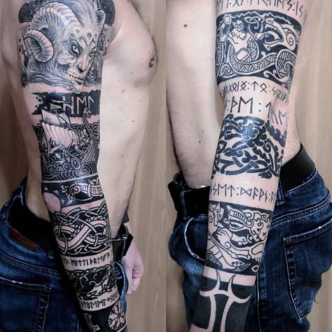 Vk.com/ariess God Of Wars Tattoo Ideas, Nordic Forearm Tattoo Men, Arm Viking Tattoo, Norse Leg Tattoo, Scandinavian Tattoo Vikings, Norse Sleeve Tattoo, Viking Leg Tattoo, Viking Arm Tattoo, Nordic Mythology Tattoo