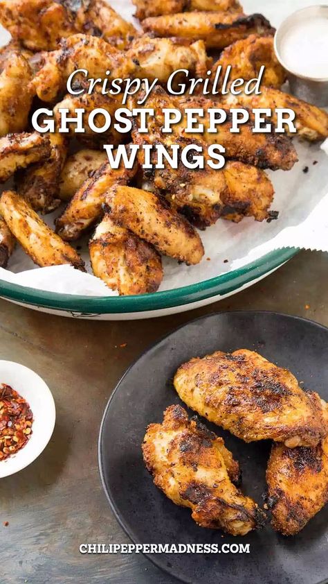 Ghost Pepper Wings Recipe, Ghost Pepper Wings, Spicy Appetizer Recipes, Hot Pepper Recipes, Pepper Chicken Wings, Hot Wing Recipe, Bbq Appetizers, Hot Wing Sauces, Chili Pepper Recipes