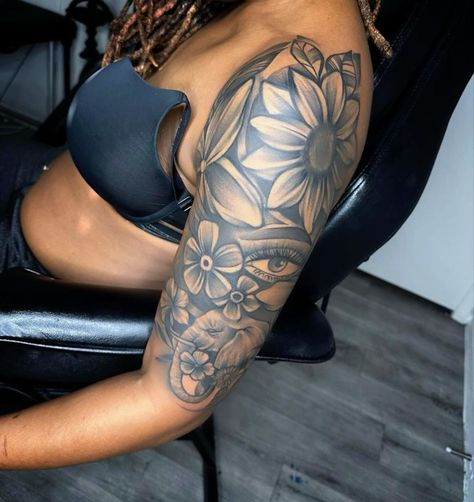 Floral Rose Tattoo Design, Hard Sleeve Tattoos For Women, Feminine Upper Arm Tattoo, Arm Sleeve Black Women, Upper Sleeve Tattoo Women, Inner Bicep Tattoo Women, Pet Portrait Tattoos, Portrait Tattoo Sleeve, Arm Tattoos Drawing