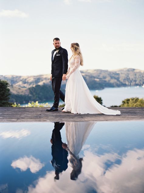 Photography : Katie Grant Photography | Wedding Dress : Rue De Seine Read More… Infinity Pool Wedding, Prenup Photos Ideas, Young Wedding, Pool Wedding, Pool Photography, Boho Gown, Phuket Wedding, Provence Wedding, Waiheke Island