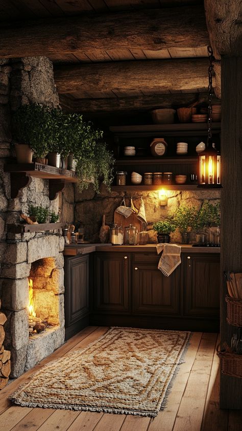 A small, cozy kitchen in a log cabin, with a stone fireplace in the corner. Dark wooden cabinetry, glowing lanterns, warm earth tones. The kitchen is filled with fresh herbs hanging from the ceiling and a handwoven rug on the floor. Soft firelight dances on the walls, hd quality, natural look --ar 9:16 --style raw --v 6.1 Cottage Kitchen Fireplace, Farmhouse Kitchen With Fireplace, How To Make Your Kitchen Cozy, Hobbit Inspired Kitchen, Outlander Inspired Kitchen, Stone Cottage Kitchen, Kitchen Aesthetic Cozy, Cozy Kitchen Cottage, Warm Cozy Kitchen