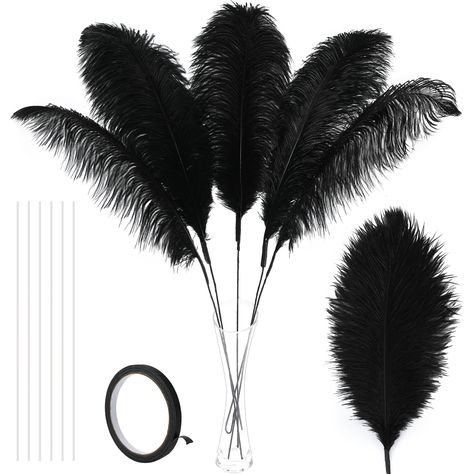 PRICES MAY VARY. 👉【Extra Large Ostrich Feathers Kit】: 10pcs 18-20 inches large ostrich feathers,10pcs 16 inches long iron wire,and a 10m same color tape all in a envelope,Unique design for a more luxurious experience 👉【Flexible Design】: The extensibility of iron wire endows feathers with the characteristic of free bending, and you can use them for various complex designs decor,fully unleash your extraordinary imagination 👉【Freely Extendable Length】:The attachment of the iron wire increases th Black Gold Masquerade Party, Black Ostrich Feathers, All Black Party Theme Decor, Gatsby Party Centerpieces, Black And Gold Centerpieces For Men, Masquerade Flowers, Black And Gold Party Decorations Classy, Black Reception Decor, Gatsby Themed Party Decorations