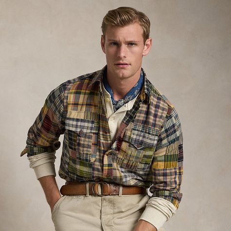 This utility-inspired workshirt achieves its patchwork design with authentic Indian madras that is dyed with indigo. Character Lineup, Ralph Lauren Menswear, Sweatpants And Sweater, Shirt Styling, Madras Shirt, Business Aesthetic, Dress Better, Button Outfit, Authentic Indian