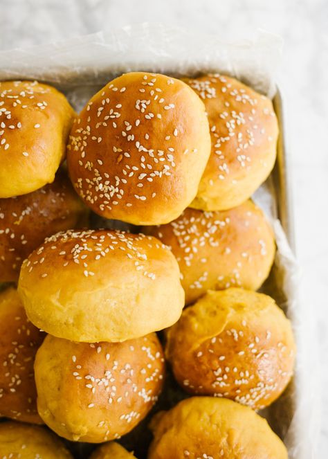 Sweet Potato Buns - Wood & Spoon Potato Hamburger Buns, Sweet Potato Burger, Potato Burger, Summer Burgers, Bun Bread, Potato Buns, Yeast Baking, Bread Yeast, Homemade Yeast