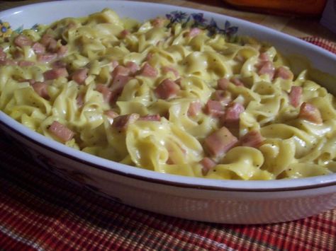 A great simple casserole to make and it makes a ton!!!  My husband doesnt like Spam but LOVES this!!!  My grandmother used to make this for us on Friday nights after she got off of work.  Its been a favorite ever since. You can substitute shredded cheese for Velvetta. Spam Hotdish, Spam Recipes Dinners, Emergency Meals, Spam Recipes, Resep Pasta, Noodle Casserole Recipes, Cooking Meals, Canned Meat, Cream Of Mushroom Soup