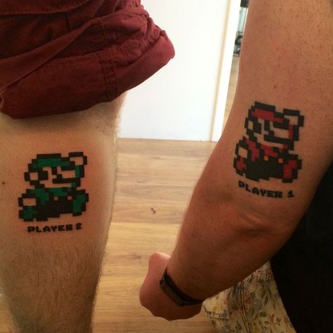 Mario and Luigi Luigi Tattoo Ideas, Mario And Luigi Tattoo, Luigi Tattoo, Nintendo Tattoo, Pixel Tattoo, Mario Und Luigi, Mario Tattoo, Fire Fighter Tattoos, Mario Y Luigi