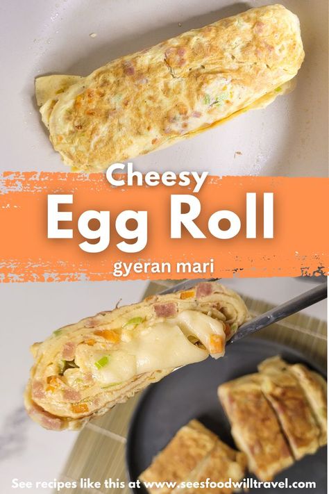 Rolled egg omelet on a pan Gyeran Mari, Rolled Egg, Korean Egg, Egg Omelet, Cheese Rolls, Omelets Recipe, Cheesy Eggs, Carrot Greens, Korean Snacks