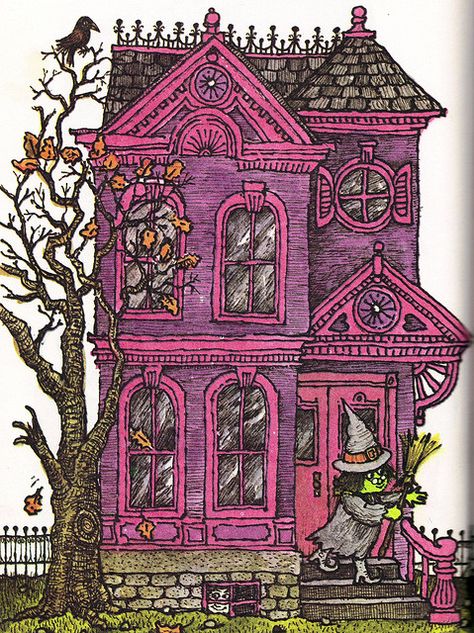 So cute!  #witch Pink and Purple Witch's House by estelle & ivy, via Flickr Pumpkin Spooky, Halloween Artwork, Vintage Witch, House Illustration, Halloween Illustration, Halloween Images, Witch House, Theme Halloween, Halloween Autumn