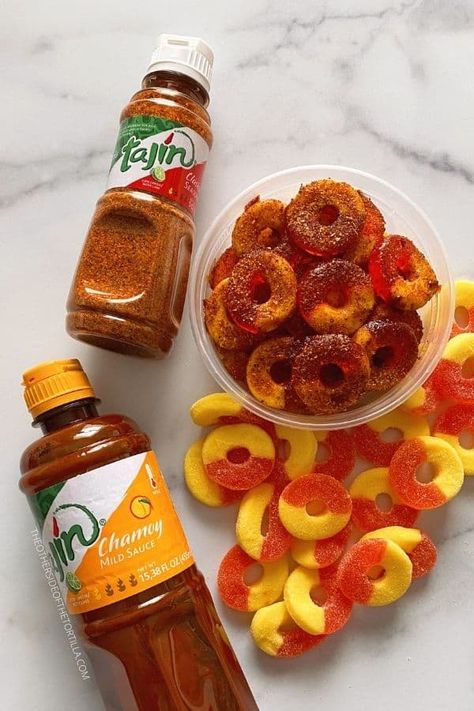 Chamoy Tajin Candy, Chamoy And Tajin Gushers Recipe, Mexican Gummy Candy, Chamoy Gummy Bears Recipe, Tajin Candy Recipes, Tajin Gummies, Mexican Candy Charcuterie Board, Chamoy Candy Recipes, Chamoy Margarita