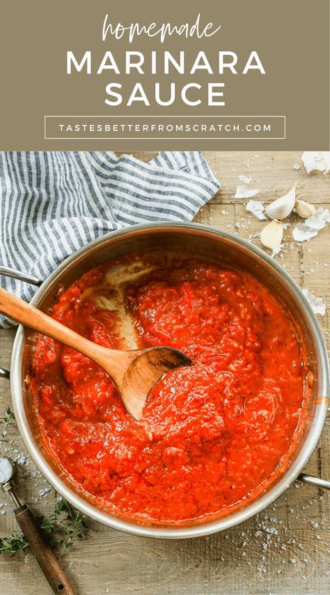 Make the best marinara sauce from scratch with this quick and easy recipe. Perfect for spaghetti, chicken parmesan, or any pasta dish, this sauce can be made with fresh or canned tomatoes. Save this recipe to elevate your favorite pasta dishes with a rich and flavorful homemade sauce. Spaghetti Sauce From Canned Tomatoes, Canned Tomato Sauce Recipes, Best Marinara Sauce Homemade, Homemade Marinara Sauce With Fresh Tomatoes, Marinara Sauce Homemade Fresh Tomatoes, Marinara Sauce Canned Tomatoes, The Best Marinara Sauce, Classic Marinara Sauce, Easy Homemade Marinara Sauce