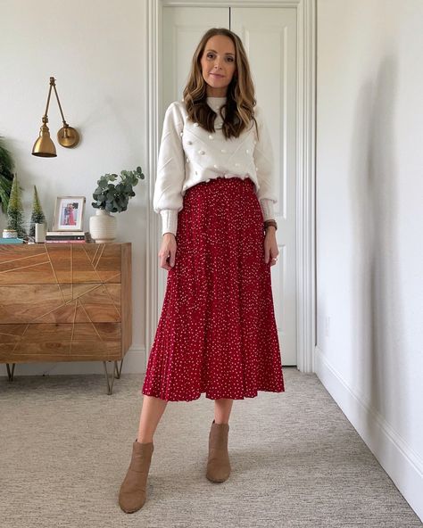 4 Winter Church Outfits - Merrick's Art Christmas Outfit Long Skirt, Winter Outfits Dressy Christmas, Holiday Church Outfit, December Church Outfits, Christmas Modest Outfits, February Church Outfit, Pentecostal Christmas Outfit, Christmas Sunday Outfit Church, Red Midi Skirt Outfit Winter