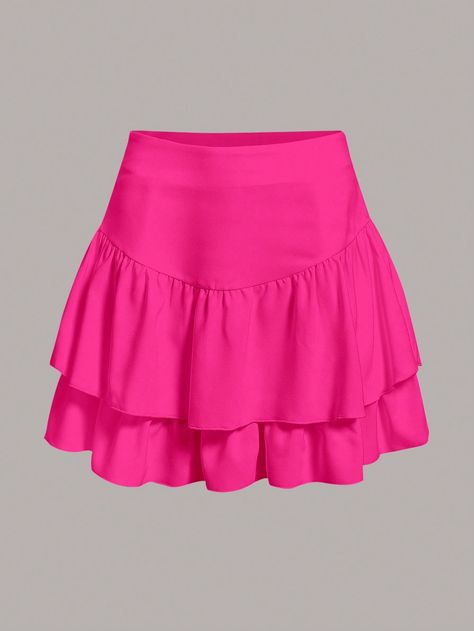 Hot Pink Casual Collar  Woven Fabric Plain Layered/Tiered Embellished Non-Stretch  Women Clothing Preppy Skirts, Fair Outfit, Preppy Skirt, Moda Aesthetic, Skirts Flowy, Fair Outfits, White Chicks, Cute Nike Outfits, Pink Bottom