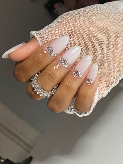 Milky White Nails With Gems, White Nails With Gems, Nails With Gems, Milky White Nails, Milky White, Almond Nails, Nail Tech, White Nails, Nail Inspo