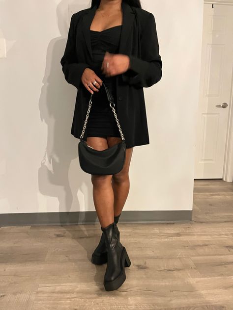 Lbd With Blazer, Dress Blazer And Boots Outfit, Black Blazer Black Dress, Black Blazer Dress With Boots, Black Blazer Over Dress, Blazer Mini Dress Outfit, Black Slip Dress With Blazer, Black Mini Dress With Blazer, Black Dress With Black Blazer